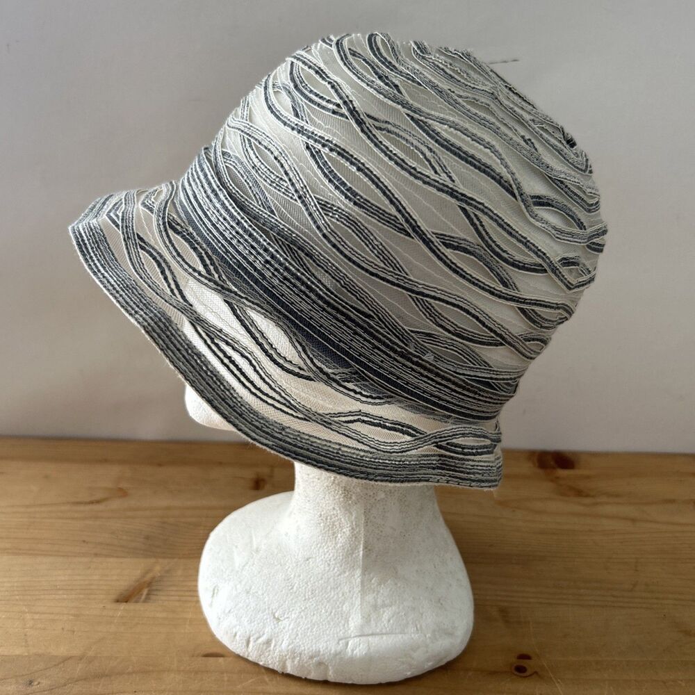 Vintage Adolfo Cloche Vtg Mesh & Ribbon Grey Retro Summer Hat Flapper Costume